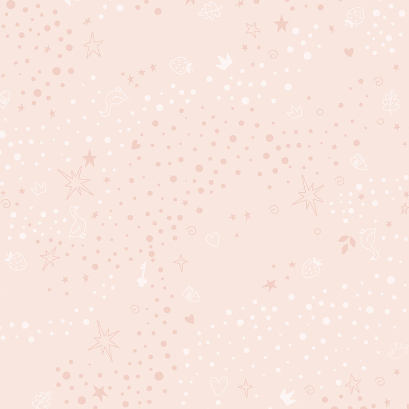 Pink fabric with a pattern of scattered whimsical motifs, including dots, stars, hearts, strawberries, and other playful elements.