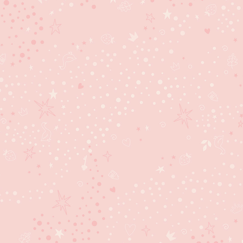 Pink fabric with a tonal pattern of scattered whimsical motifs, including dots, stars, hearts, strawberries, and other playful elements.