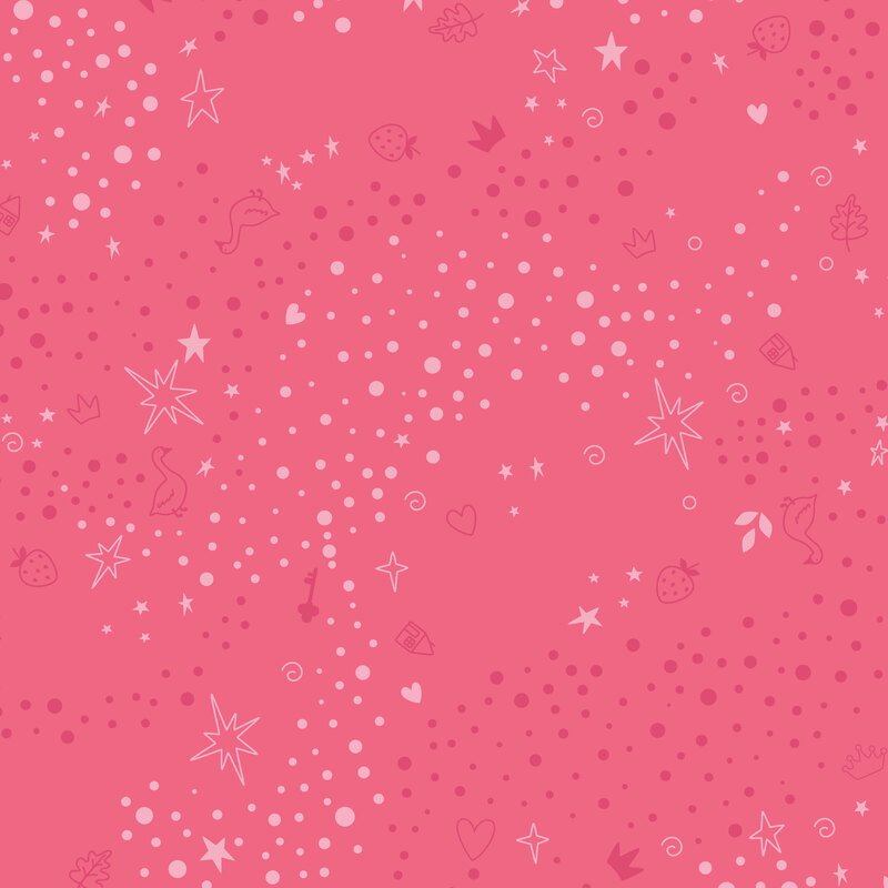 Hot pink fabric with a tonal pattern of scattered whimsical motifs, including dots, stars, hearts, strawberries, and other playful elements.