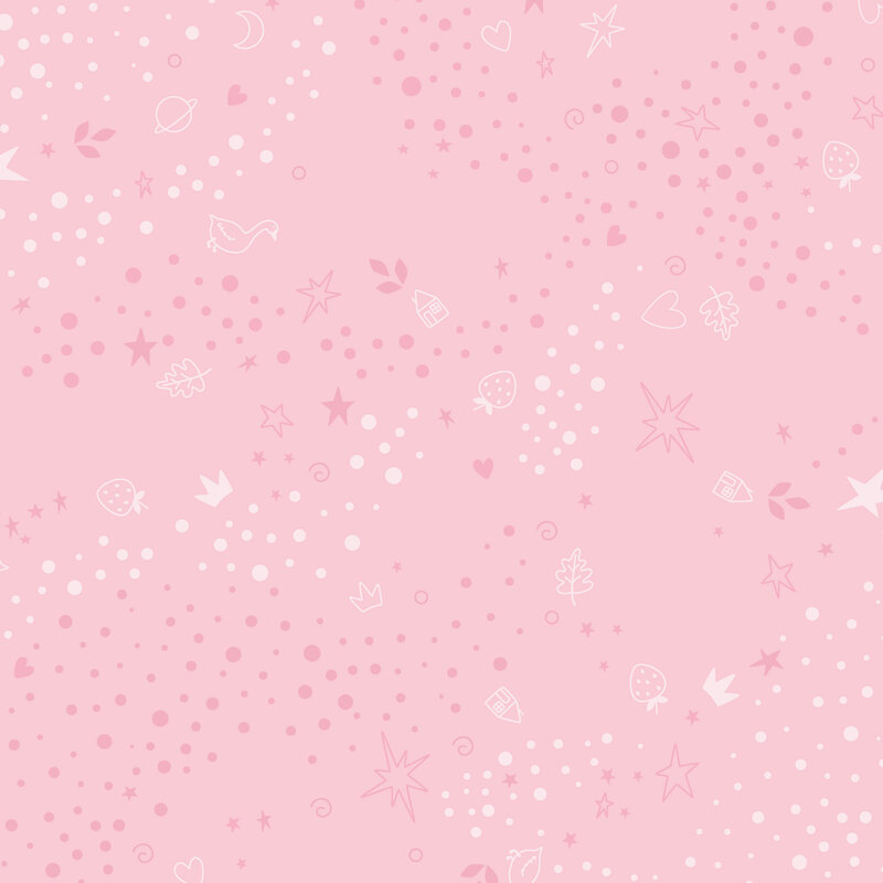 Pink fabric with a tonal pattern of scattered whimsical motifs, including dots, stars, hearts, strawberries, and other playful elements.