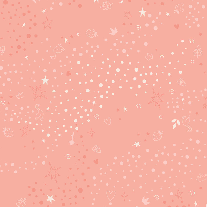 Peach fabric with a tonal pattern of scattered whimsical motifs, including dots, stars, hearts, strawberries, and other playful elements.