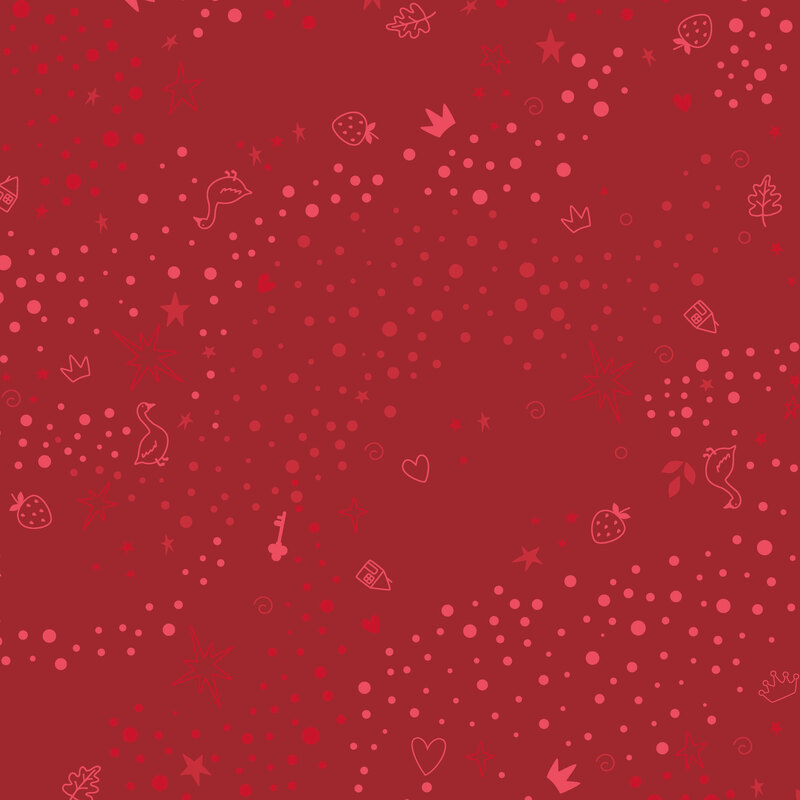 Red fabric with a pattern of scattered whimsical motifs, including dots, stars, hearts, strawberries, and other playful elements.