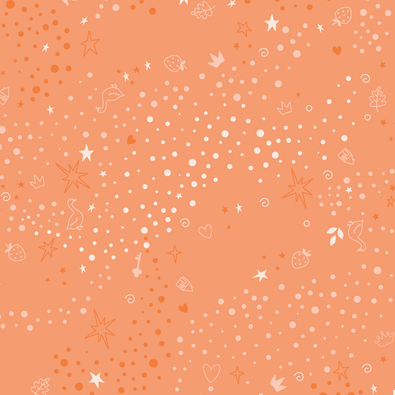 Peach fabric with a tonal pattern of scattered whimsical motifs, including dots, stars, hearts, strawberries, and other playful elements.