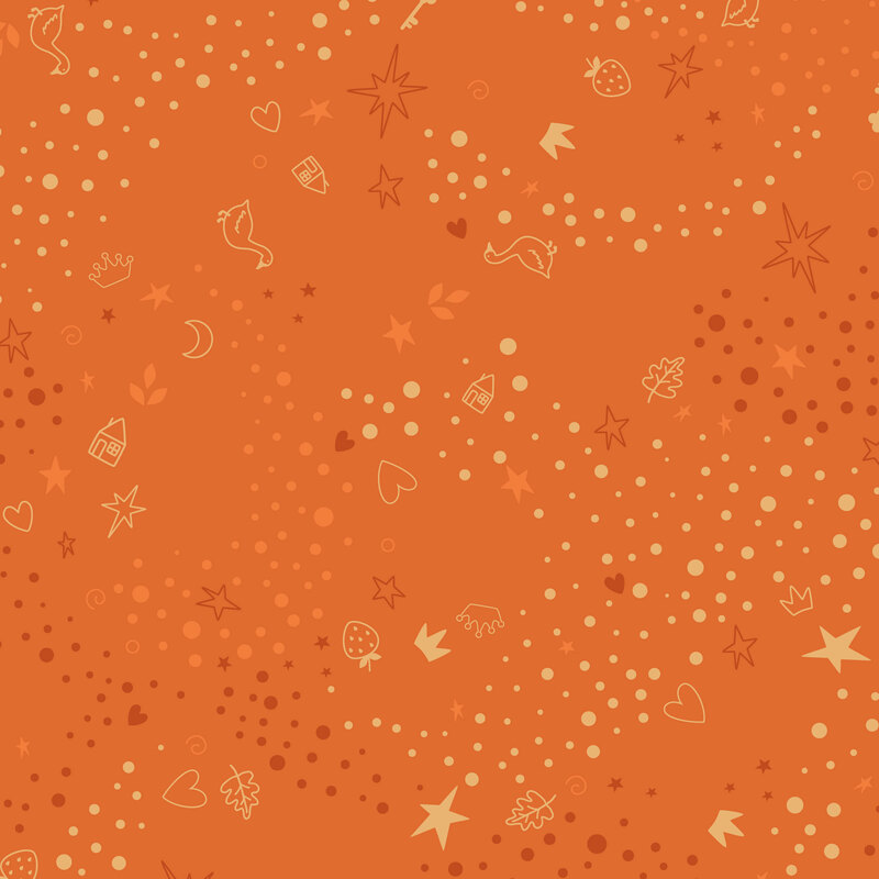 Orange fabric with a tonal pattern of scattered whimsical motifs, including dots, stars, hearts, strawberries, and other playful elements.