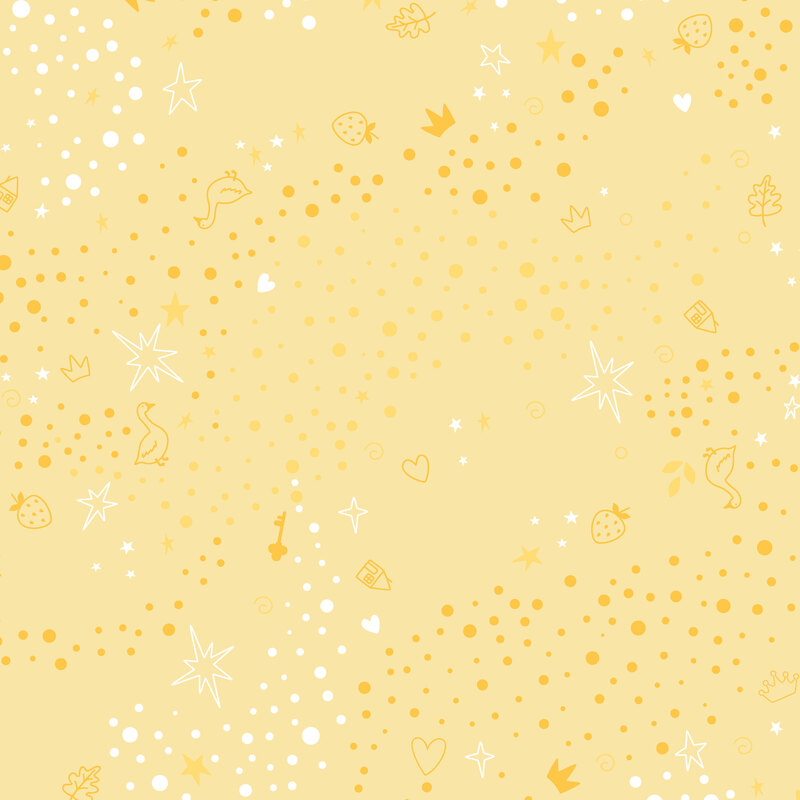 Light yellow fabric with a tonal pattern of scattered whimsical motifs, including dots, stars, hearts, strawberries, and other playful elements.