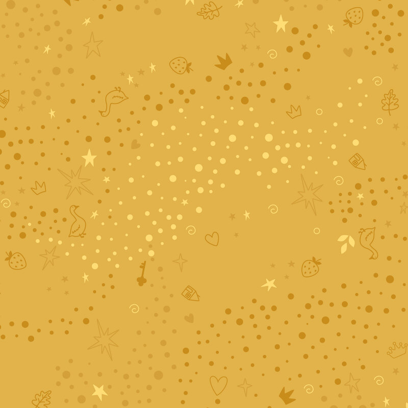 Yellow fabric with a pattern of scattered whimsical motifs, including dots, stars, hearts, strawberries, and other playful elements.