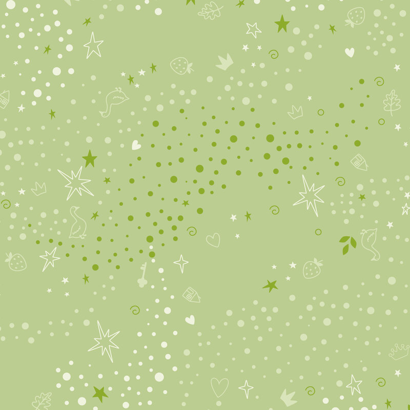 Green fabric with a pattern of scattered whimsical motifs, including dots, stars, hearts, strawberries, and other playful elements.