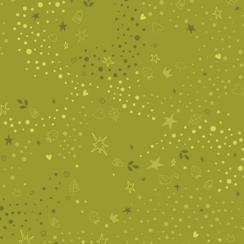 Olive green fabric with a pattern of scattered whimsical motifs, including dots, stars, hearts, strawberries, and other playful elements.