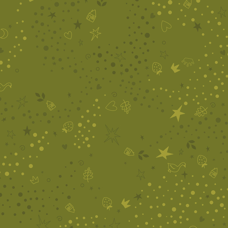 Olive green fabric with a tonal pattern of scattered whimsical motifs, including dots, stars, hearts, strawberries, and other playful elements.