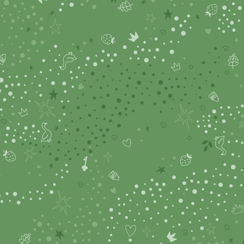 Green fabric with a pattern of scattered whimsical motifs, including dots, stars, hearts, strawberries, and other playful elements.