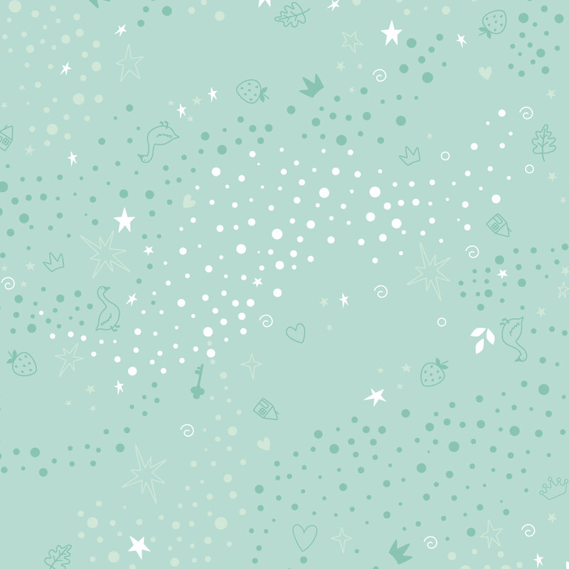 Light blue fabric with a pattern of scattered whimsical motifs, including dots, stars, hearts, strawberries, and other playful elements.