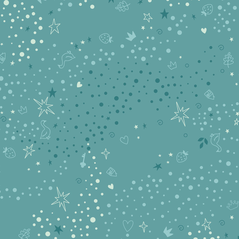 Medium teal fabric with a tonal pattern of scattered whimsical motifs, including dots, stars, hearts, strawberries, and other playful elements.