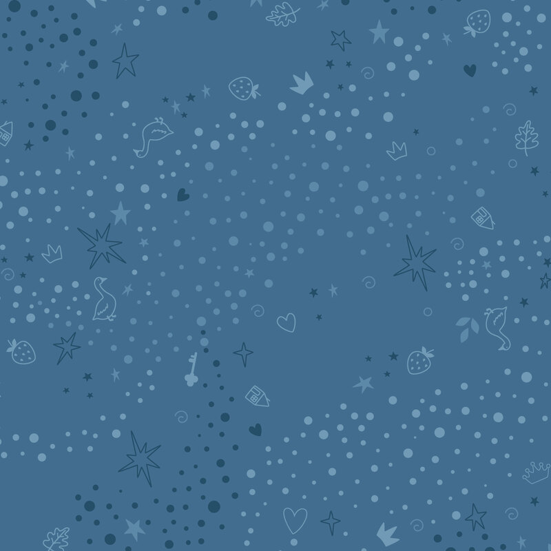 Blue fabric with a pattern of scattered whimsical motifs, including dots, stars, hearts, strawberries, and other playful elements.