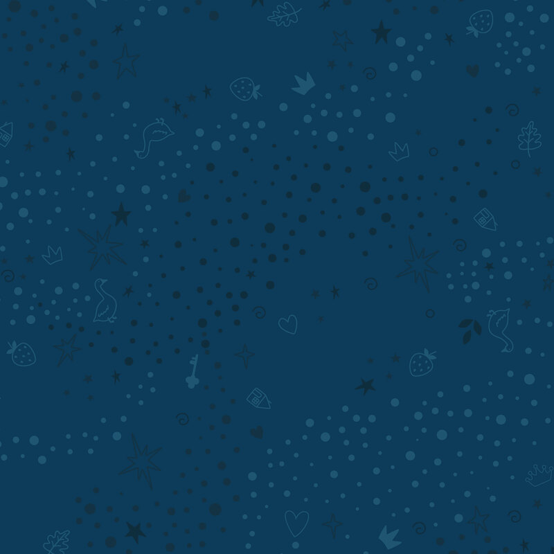 Navy blue fabric with a tonal pattern of scattered whimsical motifs, including dots, stars, hearts, strawberries, and other playful elements.