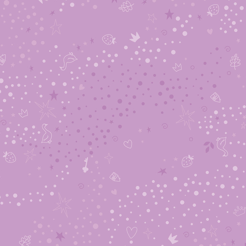 Heather purple fabric with a pattern of scattered whimsical motifs, including dots, stars, hearts, strawberries, and other playful elements.