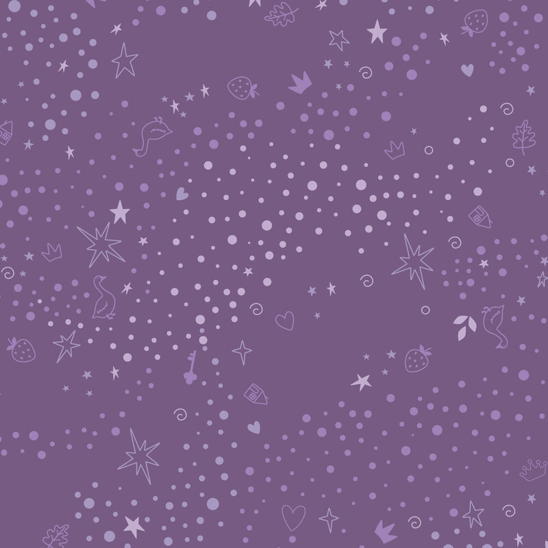 Purple fabric with a tonal pattern of scattered whimsical motifs, including dots, stars, hearts, strawberries, and other playful elements.