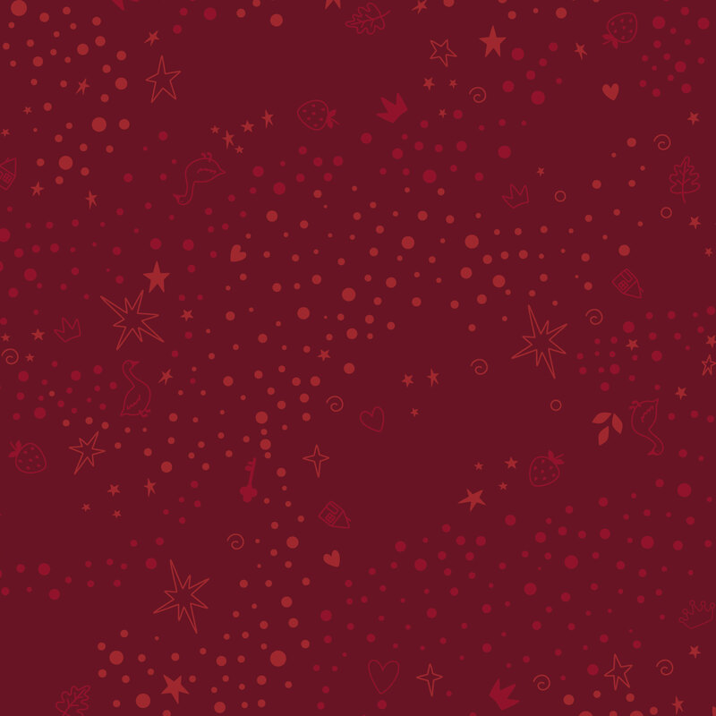 Dark red fabric with a pattern of scattered whimsical motifs, including dots, stars, hearts, strawberries, and other playful elements.
