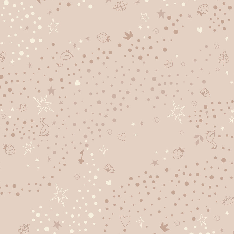 Latte tan fabric with a tonal pattern of scattered whimsical motifs, including dots, stars, hearts, strawberries, and other playful elements.