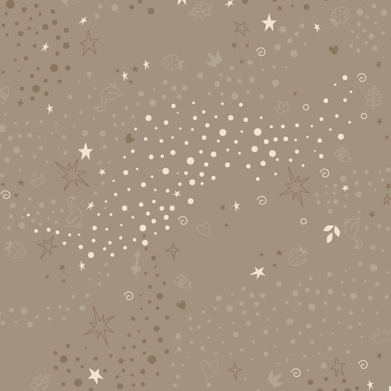 Warm gray fabric with a pattern of scattered whimsical motifs, including dots, stars, hearts, strawberries, and other playful elements.