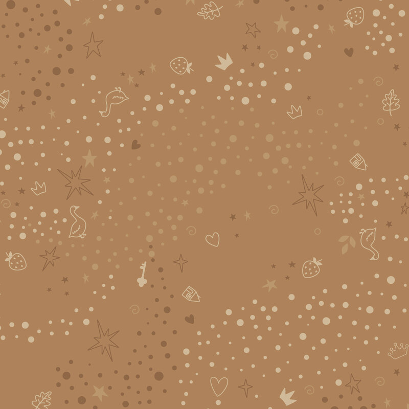 Brown fabric with a pattern of scattered whimsical motifs, including dots, stars, hearts, strawberries, and other playful elements.