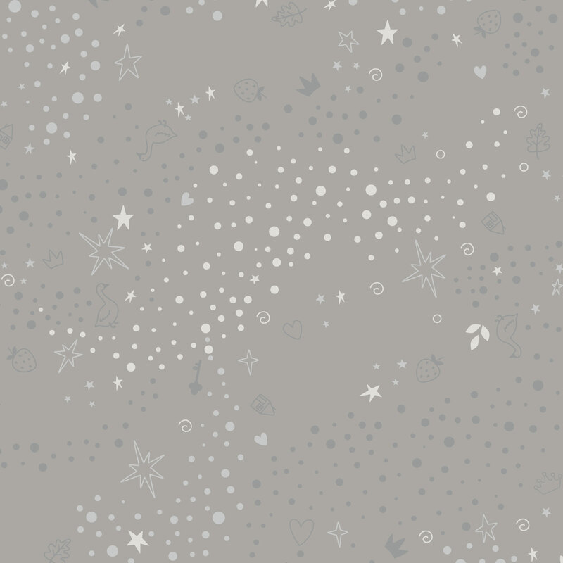 Gray fabric with a pattern of scattered whimsical motifs, including dots, stars, hearts, strawberries, and other playful elements.