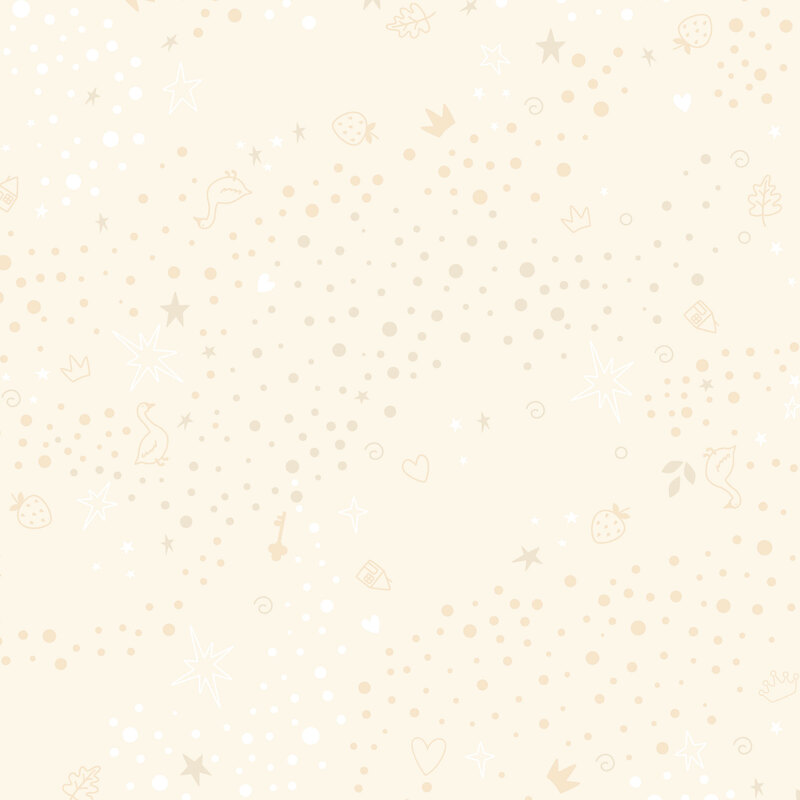 Cream fabric with a tonal pattern of scattered whimsical motifs, including dots, stars, hearts, strawberries, and other playful elements.