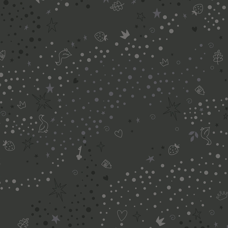 Black fabric with a pattern of scattered whimsical motifs, including dots, stars, hearts, strawberries, and other playful elements.