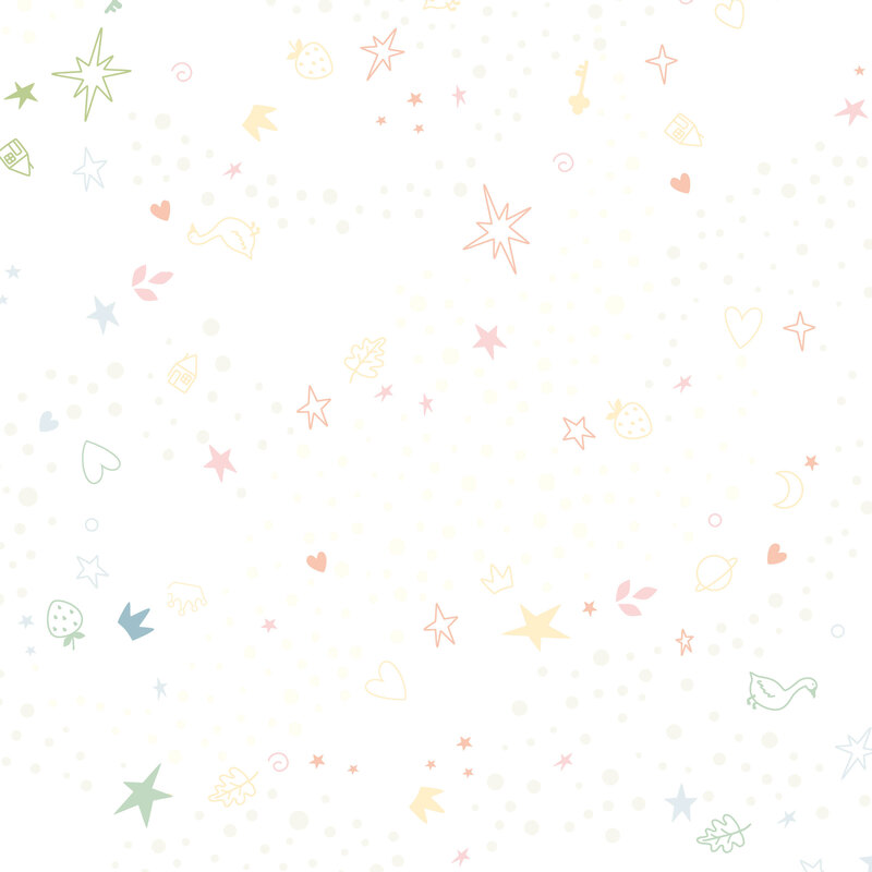 White fabric with a pattern of scattered whimsical motifs, including dots, stars, hearts, strawberries, and other playful elements.