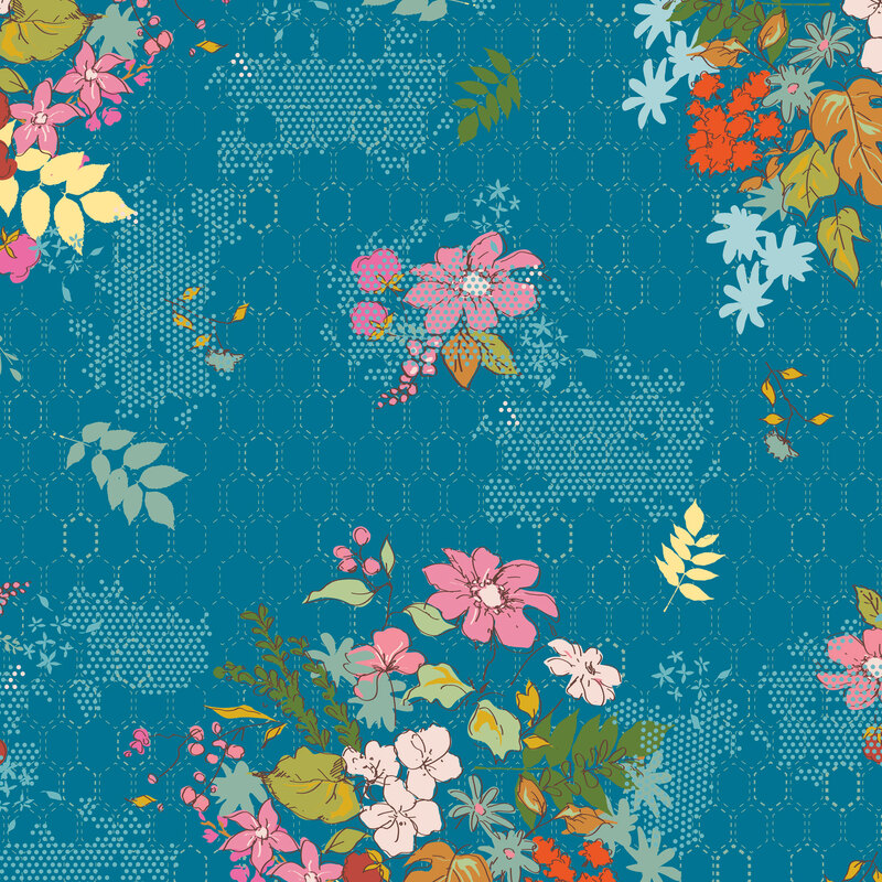Cerulean fabric with a tonal hexagonal grid pattern overlayed with florals.