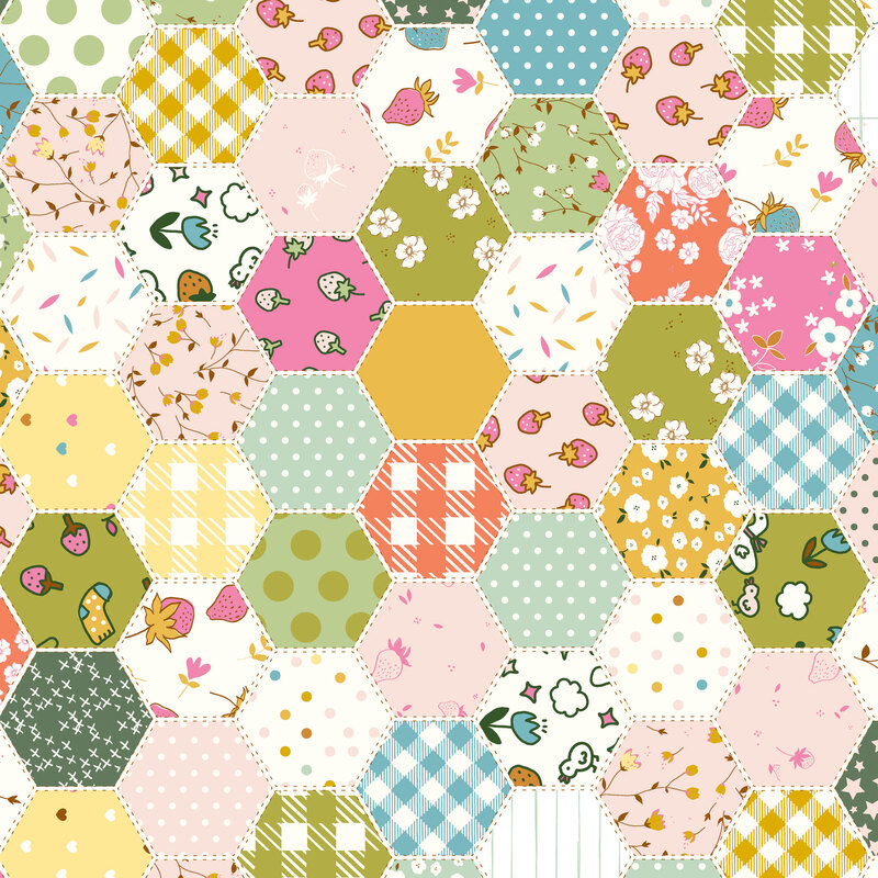 Hexagonal geometric grid with a wide variety of soft designs in a multi color scheme.