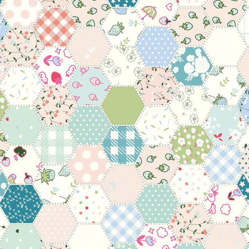 Hexagonal geometric grid with a wide variety of soft designs in cooler, less saturated colors.