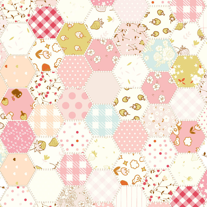 Hexagonal geometric grid with a wide variety of soft designs in a warm and pink color scheme.