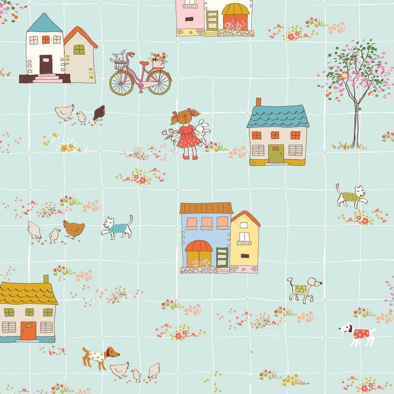 Soft toile design featuring houses, domestic animals, trees, bikes, and people, over a mint grid fabric.
