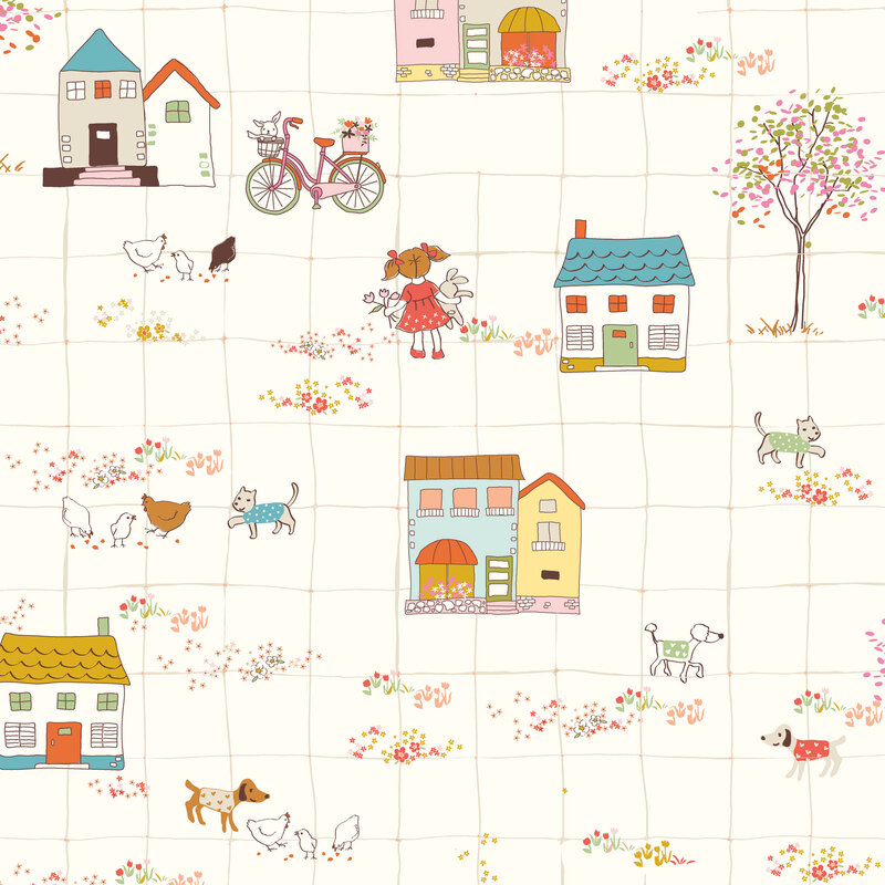 Soft toile design featuring houses, domestic animals, trees, bikes, and people, over a cream grid fabric.