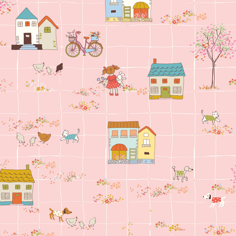 Soft toile design featuring houses, domestic animals, trees, bikes, and people, over a pale pink grid fabric.