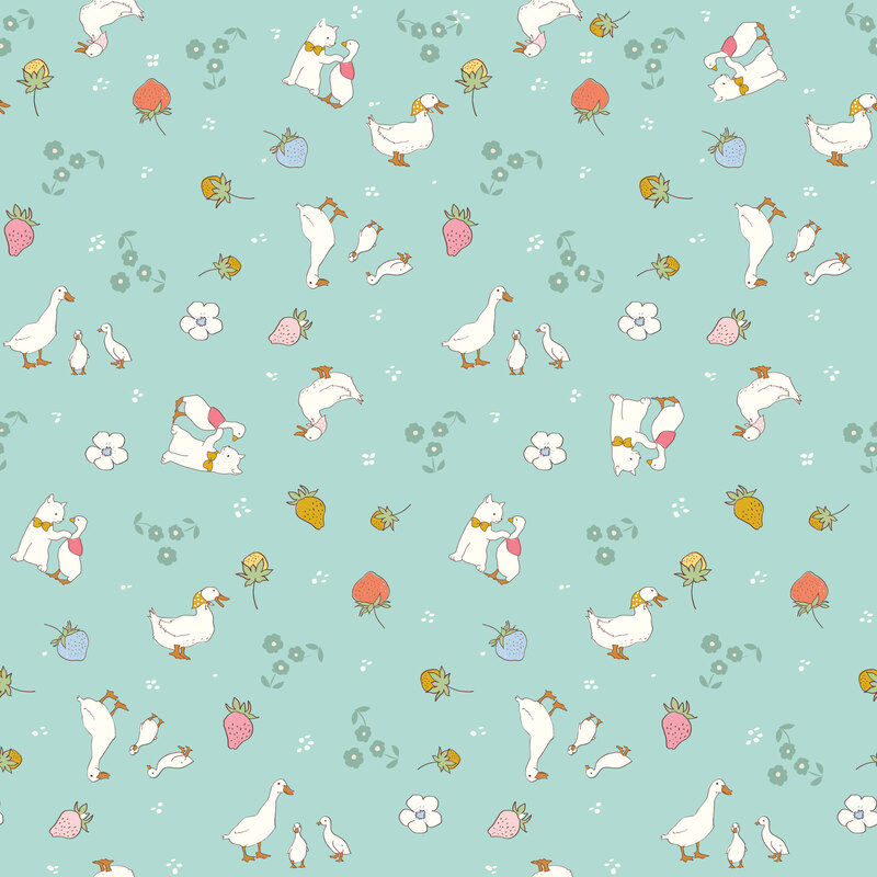 Soft aqua fabric with a tossed design of animals, berries, and florals.