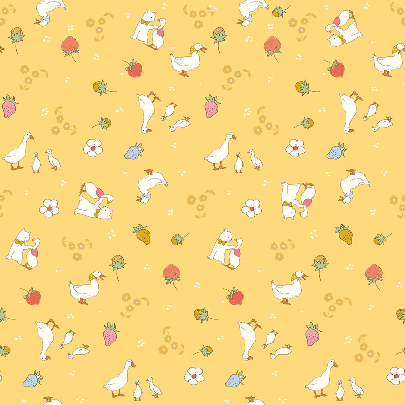 Soft yellow fabric with a tossed design of animals, berries, and florals.