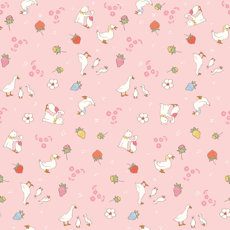 Soft pink fabric with a tossed design of animals, berries, and florals.