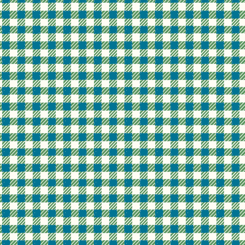 Blue and green gingham plaid design on a white fabric.