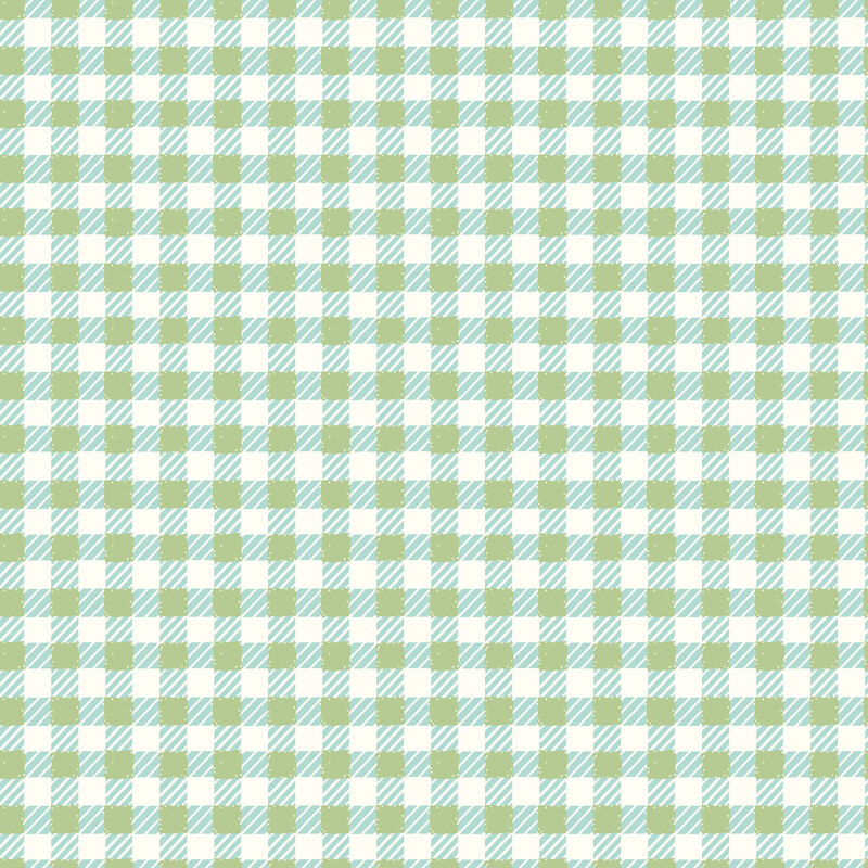 Green and light blue gingham plaid design on a white fabric.