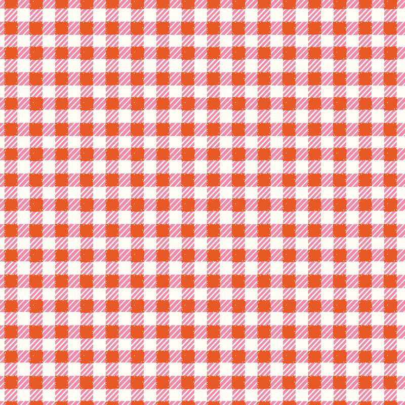 Red and pink gingham plaid design on a white fabric.