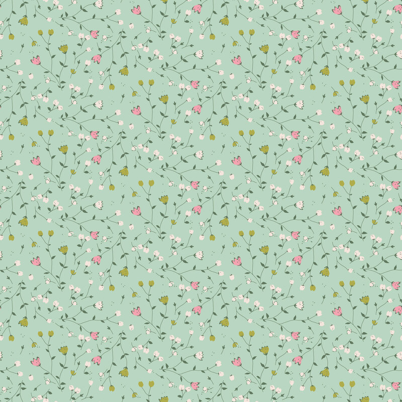 Florals and leaves strung across a mint fabric.