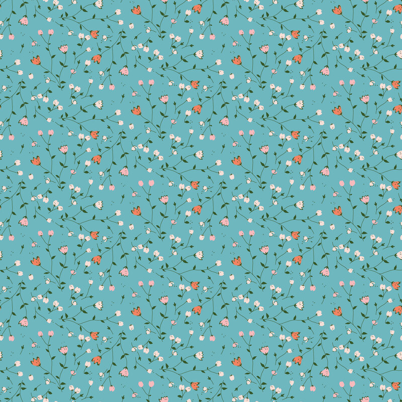 Florals and leaves strung across a teal fabric.