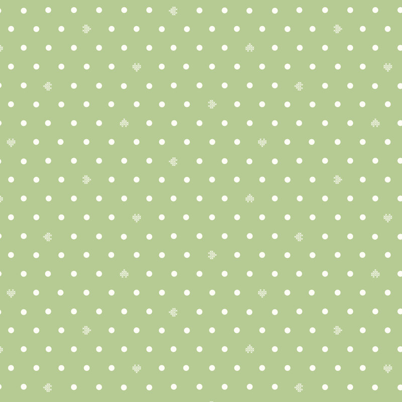 Pistachio fabric with white polka dots and small cross stitch hearts.