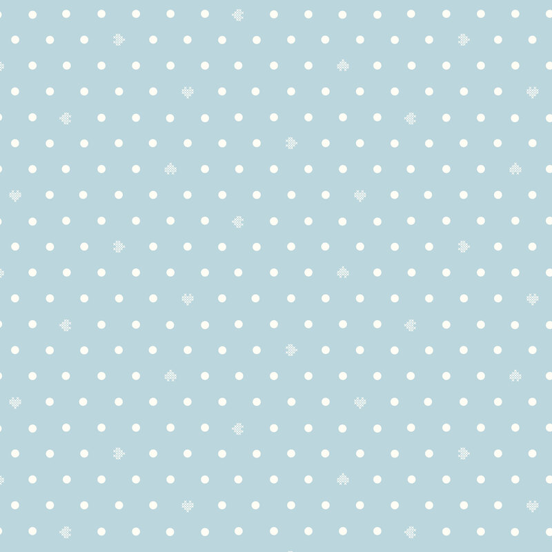 Baby blue fabric with white polka dots and small cross stitch hearts.
