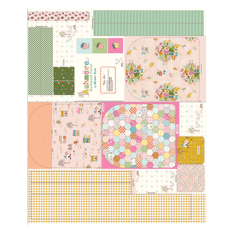 Project panel for a pink-scale backpack with retro illustrations.