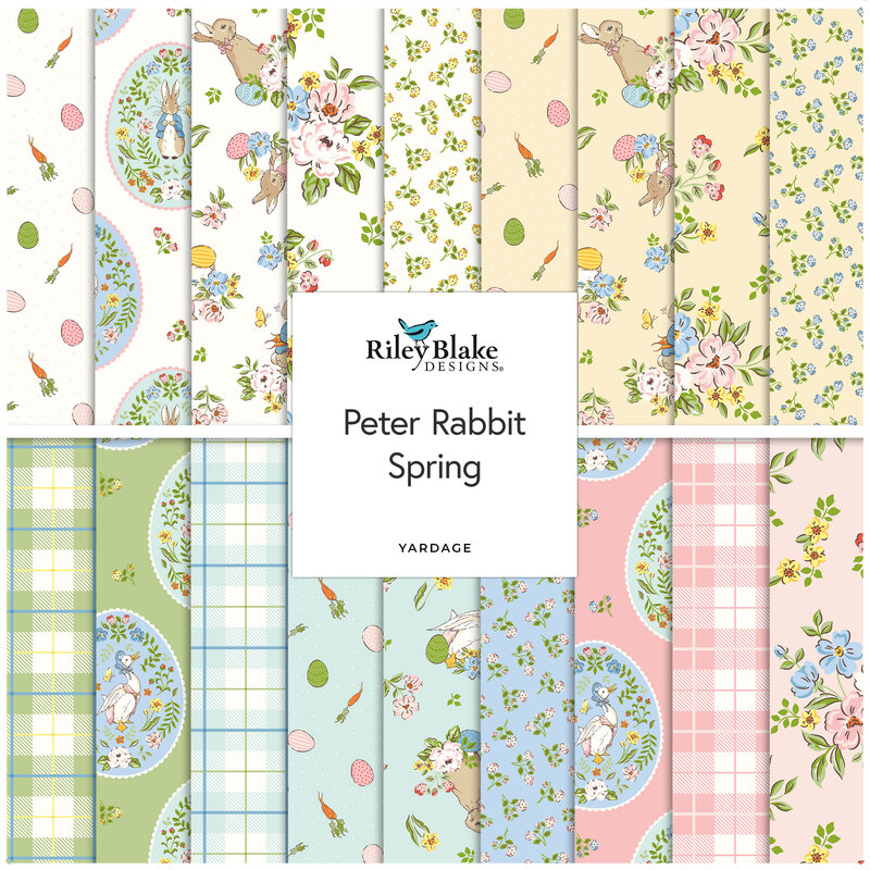 Square collage of fabric from the Peter Rabbit Spring collection featuring spring and Peter Rabbit themed fabrics in white, yellow, green, blue and pink.