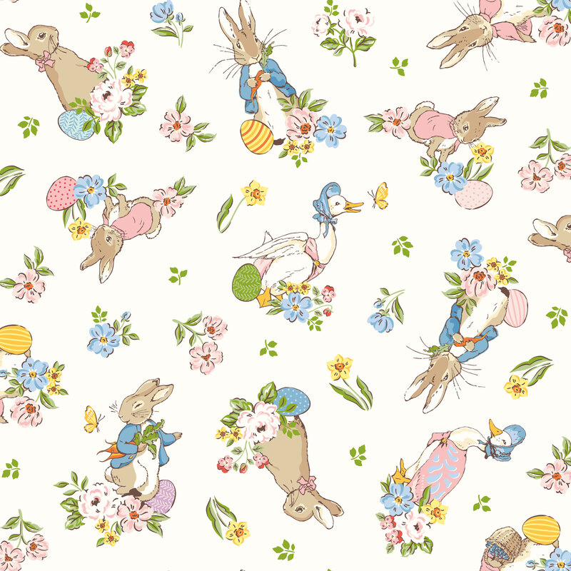 Soft white fabric featuring Peter Rabbit characters scattered with tossed florals, leaves, and butterflies.
