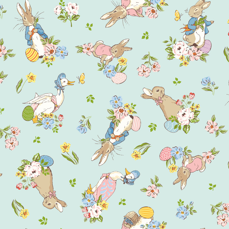pale aqua fabric featuring Peter Rabbit characters scattered with tossed florals, leaves, and butterflies.