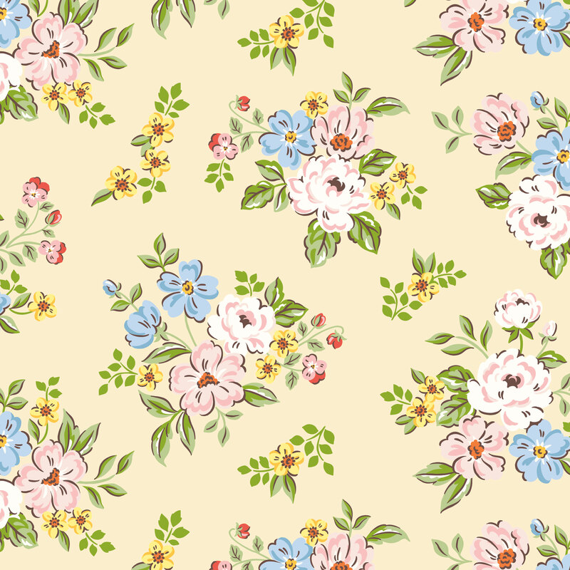 Cream fabric with tossed floral bouquets in hues of yellow, blue, pink, and white.